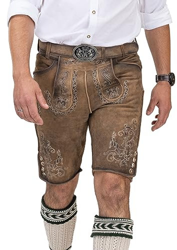 Schöneberger Trachten Couture Herren Lederhose kurz mit Trachtengürtel, traditionelle Vintage Trachtenhose für Oktoberfest aus hochwertigem Ziegenleder, Leon (46)