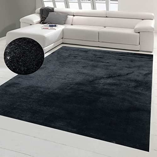 Teppich-Traum Moderner Teppich Waschbar Einfarbig Schwarz 140x200 cm | Kuschelig und weich, bis 30 °C waschbar, pflegeleicht, rutschfest, langlebig, saugrobotergeeignet, Flur & Schlafzimmer