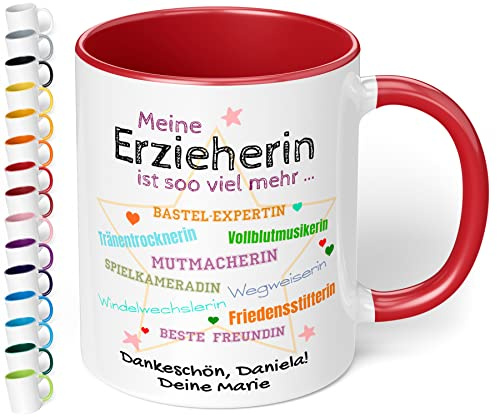 Tasse personalisiert Meine Erzieherin ist soo viel mehr - Dankeschön Kaffeetasse mit Spruch als Abschiedsgeschenk Kindergarten Kita für Erzieherin, Tagesmutter - spülmaschinenfest (Rot)