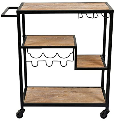 3-Tier Serving Cart on Wheels Utility Kitchen Mobile Storage Shelves Industrial Bar Cart with Wine Rack and Cup Holder for Garden Party