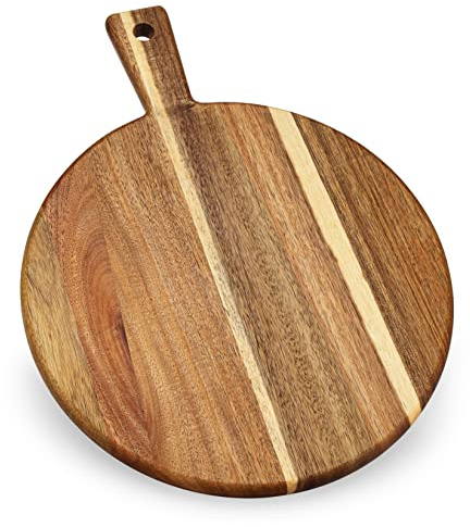 Acacia Wood Cutting Board and Chopping Board with Handle for Meat, Cheese Board, Vegetables, Bread, and Charcuterie - Decorative Wooden Serving Board for Kitchen and Dining Room, Large 13 x 13
