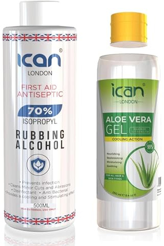 ican london isopropyl rubbing Alcohol 70% First aid Antiseptic 500ml + ican Aloe Vera Gel 250ml Combo Pack
