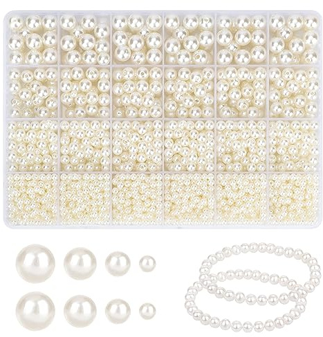 2300 Stück Perlen zum Auffädeln,4/6/8/10mm Beige Weiße Perlen Set | Kunstperle Süßwasserperlen zum Auffädeln, für Perlenkette Hochzeit Dekoration Vasenfüller Armbänder