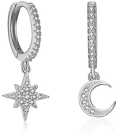 Ohrringe Silber 925 Creolen With Moon And Star Drop, Tropfen Ohrringe For Women Silber Creolen Damen 925 Hypoallergenic Jewelry Ohrringe Hängend SilberFor Girls and Men 2PCS