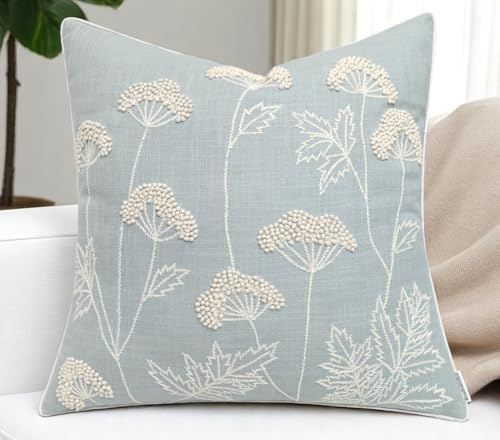 Rudransha Hand Embroidered Wildflower Throw Pillow Cover - 20x20 Inch Robins Egg Cotton - Blooming