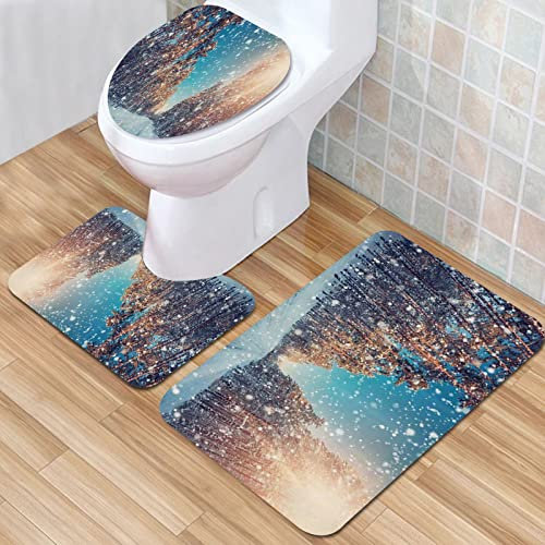 IUBBKI Badezimmermatte, Badezimmer rutschfeste Matte, Winter Schnee Wald Natur Weihnachtslandschaft Holz Baum mit W, Badematten-Set 3-teilig, saugfähig, rutschfest, Badematte, WC-Vorleger, Badteppich