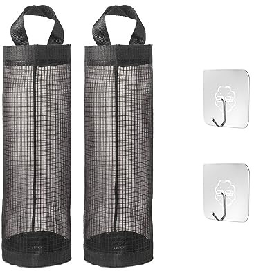 GVSAVY 2pcs Plastic Bag Holder, Hanging Garbage Bag Holder, Breathable Mesh Shelf, Foldable Net Hanging Storage Bags with Hooks, Suitable for Kitchen, Bathroom, Bedroom, etc. (Black)