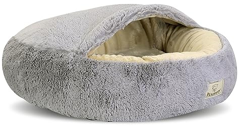 KINGDOG Shaggy Fluffy Haustierbett mit Kapuze Bett für Katzen/Hunde Kuschelbett Hundebett Katzenbett Minky-Haar Shaggy 18 mm Silikon-Füllung Hellgrau (Durchmesser: 70 cm)