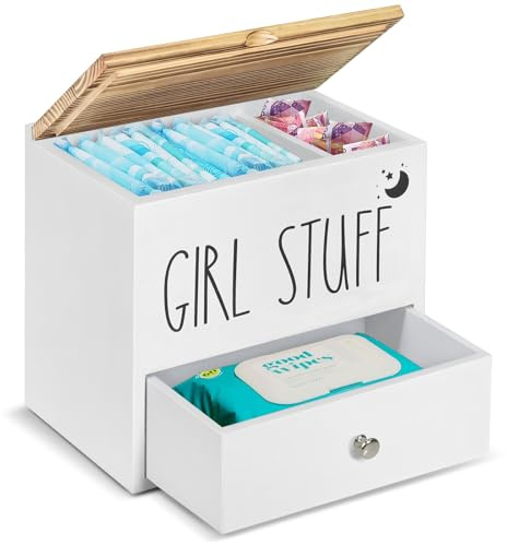 Tampon-Halter für Badezimmer-Dekoration und Aufbewahrung, Holz, femininer Produkt-Organizer mit Schublade und Deckel, Pad und Tampon-Organizer, Badezimmer-Zubehör-Box für Tampon-Aufbewahrung, weißer