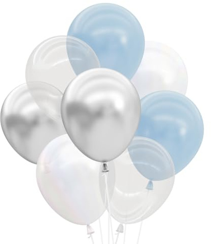 xo, Fetti Blue, Pearl White, Clear, Silver, Latex Balloons - 25 pk, 12 | Cloud Nine Bachelorette Party Decorations, Birthday Party Supplies, Bridal Shower, Boy Baby Shower, Winter Holiday