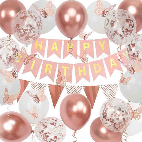 Rose Gold Geburtstag Dekoration, 18-pcs 12-Zoll Happy Birthday Banner mit Schmetterling Aufkleber und Ballons für Mädchen und Frauen Happy Birthday Dekorationen