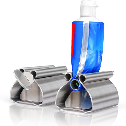 Zivacate Lot de 2 presse-tubes de dentifrice, distributeur de dentifrice à tube roulant en acier inoxydable, avec fonction de siège porte-dentifrice