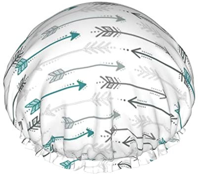 Duschhaube mit Retro-Pfeil-Motiv, grau, blaugrün, für Damen, verstellbar, doppelt, wasserdicht, Bade-Duschhut, Haarschutz, wiederverwendbar, Damen-Spa-Salon-Duschhut