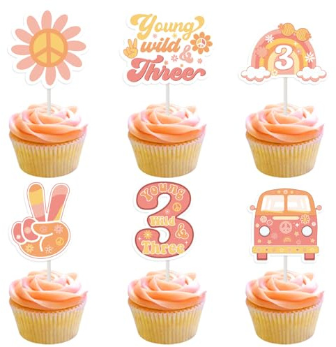 Fangleland 24Pcs Young Wild and Three Cupcake Toppers, 3rd Birthday Decorations for Girls - Groovy Retro Hippie 60s 70s Theme Birthday Dessert Table Cake Decors Picks Party Supplies
