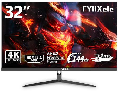 FYHXele Monitor 4K UHD 32 Pulgadas, Panel IPS: 3840x2160p, 16:9, 400 CD/m², 1ms, 144 Hz, entradas: DP x1, HDMI x2, Tecnología AMD FreeSync, Antirreflejo, Inclinación Ajustable (32-144Hz-4K)