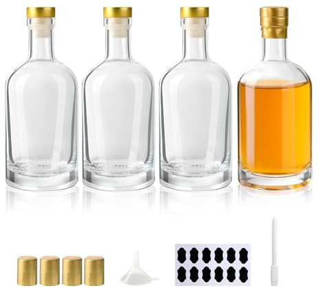 YBCPACK 12 oz 4 Pack Glass Liquor Bottles with T-Top Caps for Party Favors | 375ml Empty Wine Bottles with Caps, Heat Shrink Capsules, Heavy Base Vodka Bottle for Alcohol, Oil, Vinegar