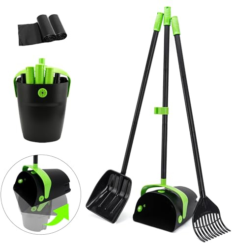 ibestbuy Pooper Scooper Swivel Bin & Rake & Spade Kit with Waste Bags, Max 50 Long Handle Adjustable Portable Non-Breakable for Large Medium Small Dogs, Dry and Wet Poop，Lawn Yard Dog Kennel