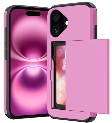 ACOCOBUY for iPhone 16 Case with Card Holder Sliding Cover 6.1 inch pink | Hidden Pocket IDs Credit Cards Slot Heavy Duty Shockproof Protective Dual Layer Wallet Phone Cover Back Shell for Men Women