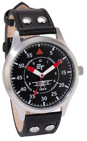 EUROtops Atlas Pilot Watch - Analog Pilot Watch with Red Hands Chinese Quartz Movement Mineral Glass/Zinc Alloy/Leather Strap Mens Flight Around the World Watch in 1924, black, Military