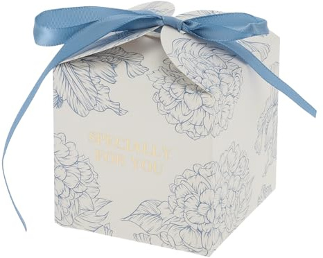 CAPASTEC 20 Stk. Geschenkboxen, Süßigkeiten-Geschenkboxen mit Schleife, Gastgeschenkboxen, Blumenmuster-Papiergeschenkboxen für Taufe Kommunion Weihnachten, 7x7x7cm Blau