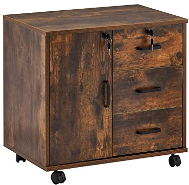 ZBAOLTO Rollcontainer Aktenschrank aus Holz abschließbar 3 Schubladen braun | Abschließbar Büroschrank mit Tür, Vertikale Büro-Aktenschränke mit Rollen für Büro Arbeitszimmer 40×60×57 cm