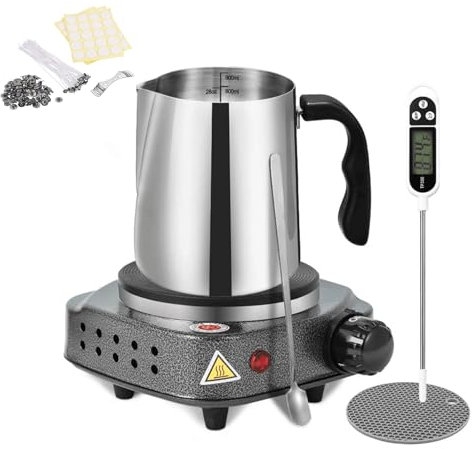Electric Candle Making Pouring Pot with Electric Hot Plate for Melting Wax, Heat-Resistant Handle and Dripless Pouring Spout Design, Stainless-Steel Candle Making Kit
