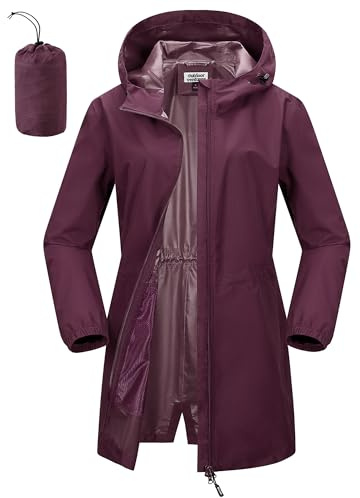 Outdoor Ventures Chubasquero largo para mujer, impermeable, cortavientos, chaqueta de entretiempo, ligera, transpirable, chaqueta para exteriores, parka de lluvia con capucha, borgoña, M