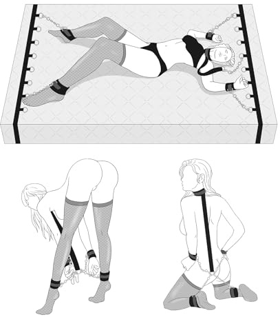 Sex Bondage Restraints BDSM Toys - 2 in 1 Bed Bondage Set & Behind Neck to Wrist BDSM Kit with Adjustable Handcuffs Ankle Cuffs Collar Bed Straps for King & Queen Size, Adult Sex Toy for Couples Kinky