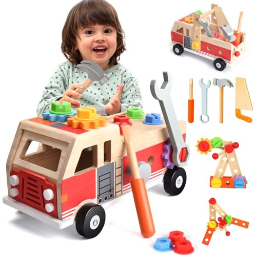 Nauotk Werkzeugkoffer Kinder Werkbank, 2 in 1 Feuerwehrfahrzeug aus Holz und Werkzeug Kinder, Montessori Holzspielzeug Spielzeug ab 2 3 4 5 Jahre, Kinderwerkzeug Werkzeugwagen, Geschenk Junge Mädchen
