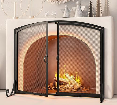 Calidola Fireplace Screen with Doors, 37.8 W x 30.7 H, Extra Large Heavy Duty Steel Frame, Baby Proof Fireplace Gate, Black Decorative Safety Screen for Big Fireplaces and Wood Stoves
