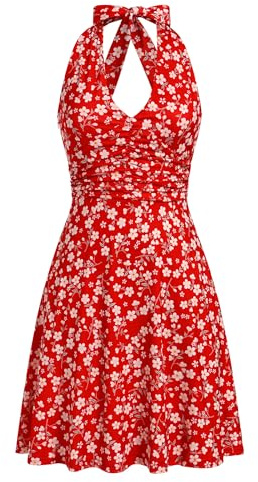 IBAKOM Robes d'été pour Les Femmes: Sexy Fleur Soleil Jupe Col V Volants A - Ligne Robe à Dos Découvert-Cocktails Décontractés Beach Party
