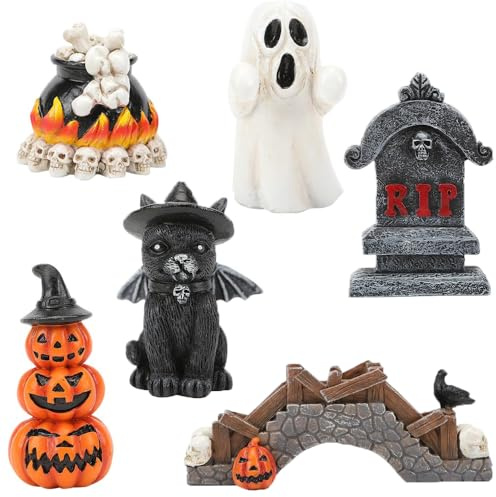 FONDUO 6 Stück Halloween Deko Miniatur Mini Figuren Für Puppenhaus Deko Halloween Harz Figuren Set Geister Kürbis Grabstein Schädel Statue Puppenhaus Zubehör Für Party Garten Tischdeko Innen (A)