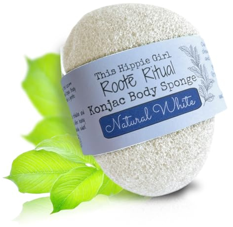 Roote Ritual Konjac Body Sponge – 100% Natural Exfoliating Shower Sponge for Sensitive Skin – Gently Deep Cleanses, Earth-Friendly Loofah, Biodegradable, Vegan – for Women, Men (Natural White)