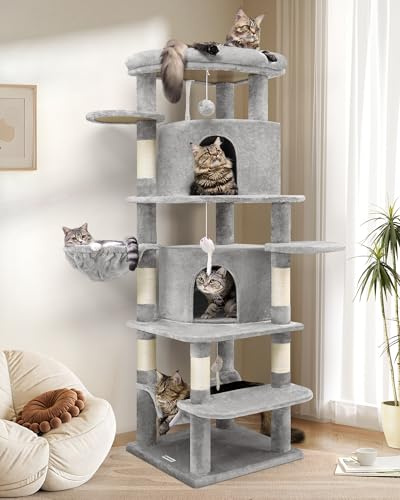 Globlazer Árbol Rascador Esquinero Alto 167 cm con 2 Curvado Nidos, Grandes Plataformas, Amplio Hamaca, Peluche Cesta, Árbol Rascador Esquina Estable para 3-4 Gatos Adultos (C66, Gris Claro)