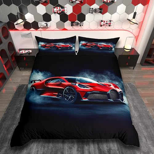 Homemissing Rennwagen Bettwäsche Set 135x200cm Für Kinder Jungen Teens Geschwindigkeit Sport Betten Ultra weich Cool Modern Bettbezug Extreme Sports Bettwäsche-Set Auto Thema