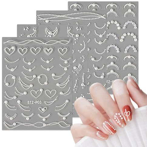HARY 4 Blatt 5D Nagelsticker Weiße Perlen Stereoskopisch Nail Sticker Französische Nagel Stickers DIY Nail Art Nageldesign Zubehör