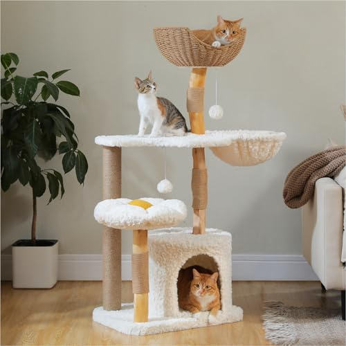 PAWZ Road Wood Cat Tree 123cm Cat Tower with Wicker Basket and Flower Perch | 48.5'' Modern Cat Tree with Natural Solid Wood Scratching Post, Large Metal Hammock and Luxury Condo for Indoor Cats, White