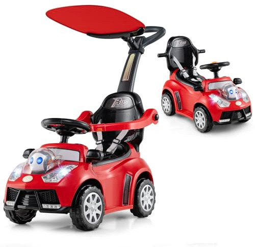 GOPLUS 3-in-1 Rutschauto mit Schiebestange, Rutschfahrzeug Sound, Stauraum, Hupe, Licht, Griff & Sicherheitsgurt, Kinderauto für Kinder ab 1 Jahr (Rot)