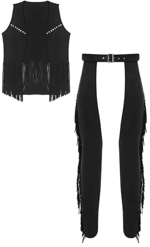 Eandarui Mens Tassel Western Cowboy Outfits Fringe Vest Waistcoat Jacketwith Cowboy Chaps Set for Halloween Black L