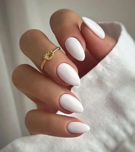 Nymora Press On Nails Weiß, 30 Stück - Klebe Nägel Mittel Mandel, Natürliche Einfarbige Kunstnägel mit Klebepad und Nagelfeile für Frauen