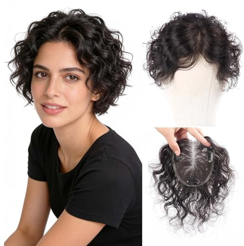 EREE HAIR Lockige Echthaar-Topper für Frauen mit dünner werdendem Haar, freier Teil, 10 x 10 cm, handgefertigt Spitzenbasis, 25 cm, Toupet zum Anklippen, Haarteil für den täglichen Gebrauch Naturfarbe