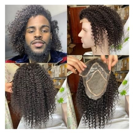 Perruques pour hommes Toupet Afro Kinky Curly for hommes 8 × 10 pouces Base de prothèse cheveux masculins Mono Lace avec PU for 12 de long Système remplacement humains