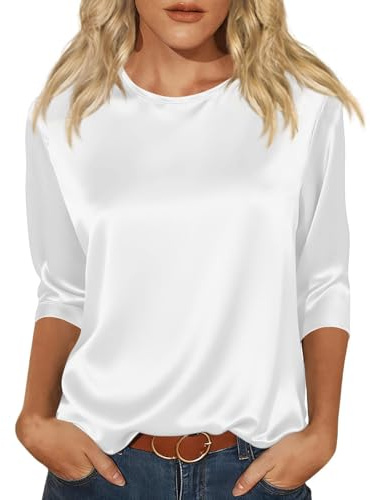Satin Shirt Women UK 3/4 Sleeve Party Tops for Women Crew Neck Elegant Silk Blouses UK Casual Tee White L 36