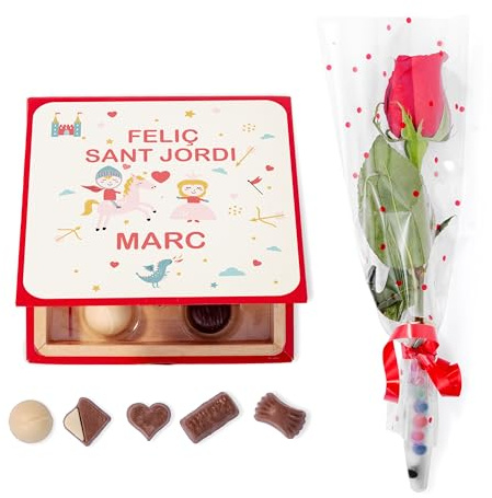 Made In Gift Pack Sant Jordi Rosa y Bombones Personalizado | Con Nombre, Te Voy a Comer a Versos, Regalo Romántico, Chocolate para Pareja, 23 Abril