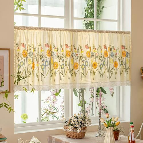 Devola Landhausstil Scheibengardine Blumenstickerei HxB50x90cm Naturfarben | Bistrogardine Küchenfenster Frühling, Kurzgardine mit Spitzenborte, Lichtdurchlässig Fenstergardinen für Schlafzimmer