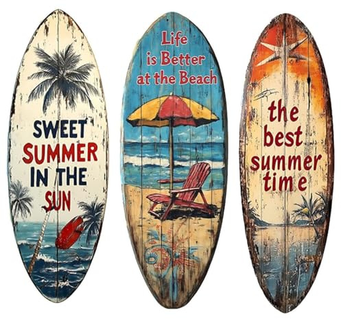 GGXDH 3 Stück Surfbrett Holz Deko, 45cm Strand Thema Surfboard Schilder Sommer Deko, Holzschild Sommerliche Wanddekoration für Außenbereich, Wände am Meer, tropische Bars, Heimparty Dekor (A)