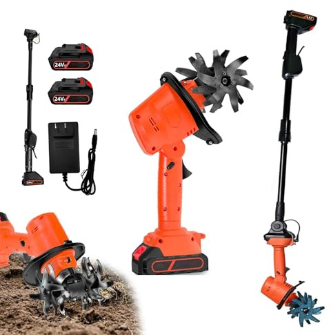 Motozappa Elettrica Senza Fili 24V, Motocoltivatore con Asta Estensibile – 235 giri/min, Larghezza/Profondità 10cm, Rotavatore a Batteria – Zappatrice per Giardino (2 Batterie)