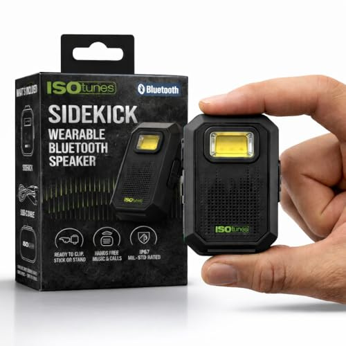 ISOtunes Sidekick Mini Portable Bluetooth Speaker w/Microphone for Travel | Clip-on wireless design with microphone, LED light, 20-hr battery, IP67 waterproof, MIL-STD-810H drop tested, USB-C, travel
