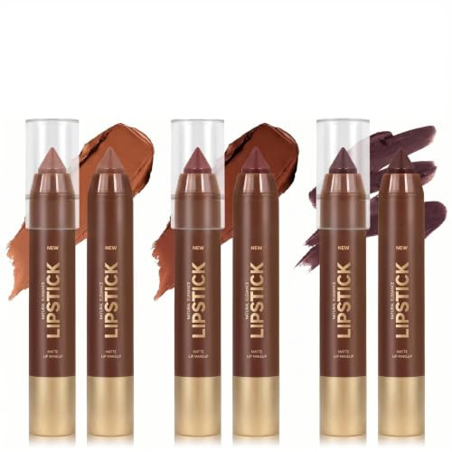 Lot de 3 Crayons à Lèvres Mat Nude Brun - Crayon à Lèvre Jumbo 2-en-1 et Rouge à Lèvre Mat, Texture Crémuse Haute Pigmentation, Contour des Lèvres Imperméable pour Maquillage Rétro Chic