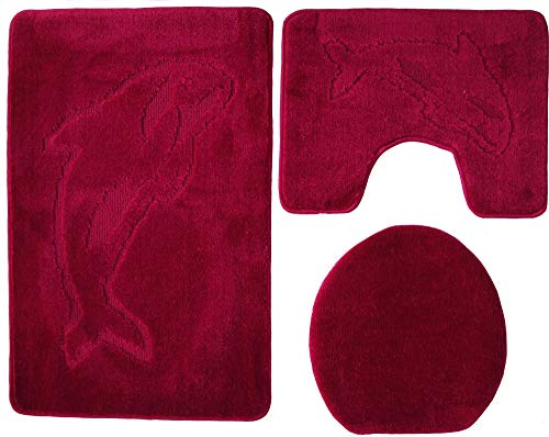 Ilkadim Delphin Badgarnitur 3 TLG. Set 55x85 cm einfarbig, WC Vorleger mit Ausschnitt für Stand-WC (Bordeaux)